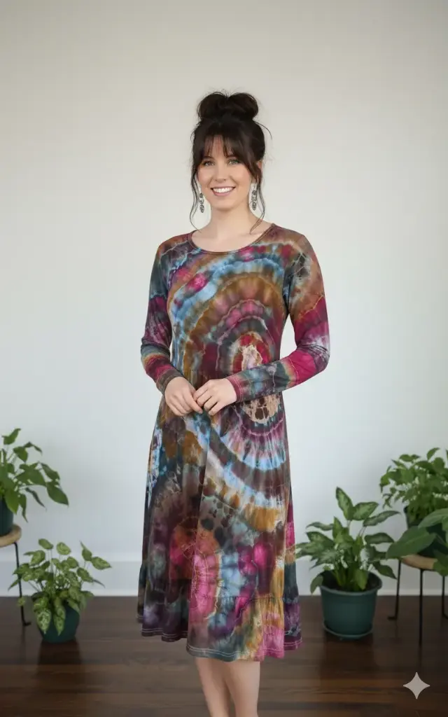 Maroon Waves Dress with Pockets 